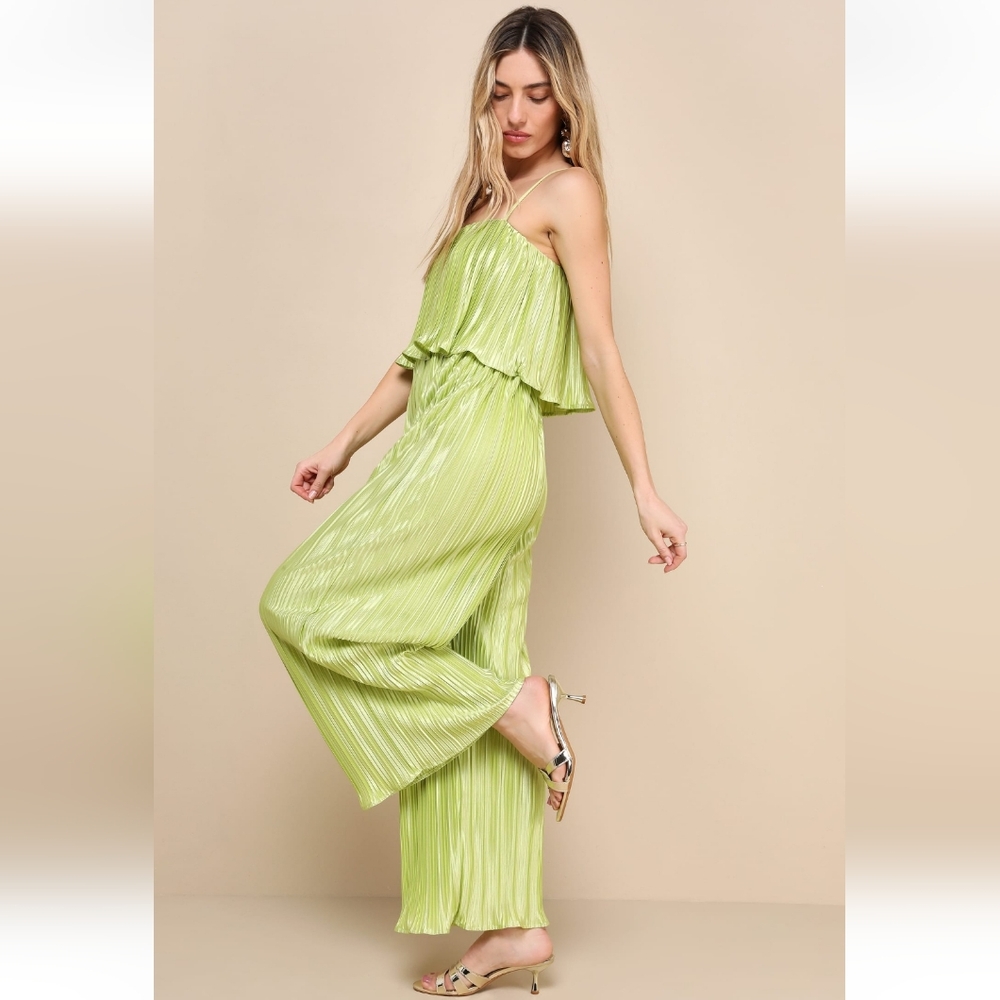 Lulus Women's Lime Green Plisse Sleeveless Wide-Leg Jumpsuit Size L Summwr Chic